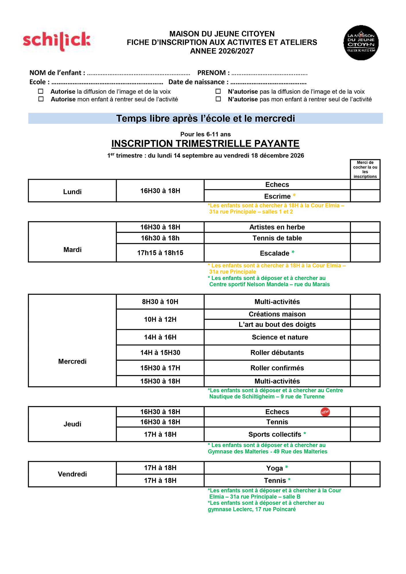 FICHE INSCRIPTION RENTREE 1er trimestre